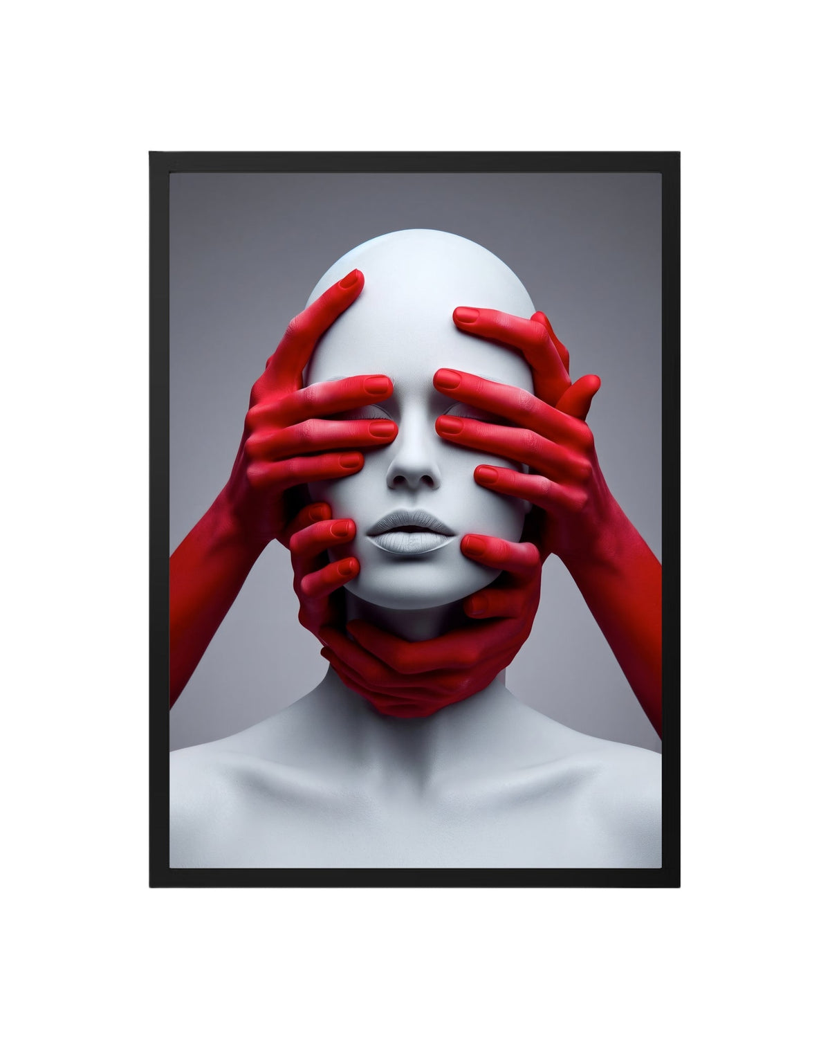 Cuadro Arte Surrealista – Manos Rojas y Rostro Blanco