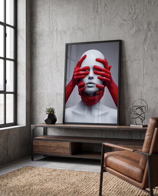 Cuadro Arte Surrealista – Manos Rojas y Rostro Blanco