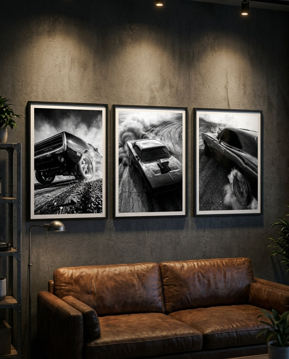 Pack de 3 Cuadros Muscle Car (Tríptico Dodge Charger Burnout Edition)